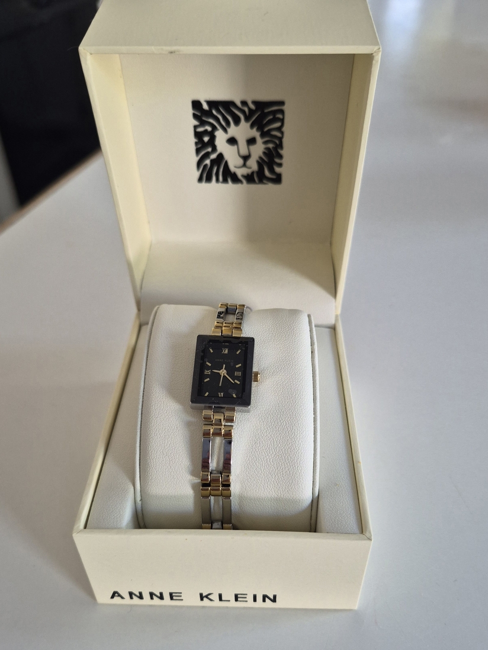 Anne Klein Two-Tone Bracelet Watch with Black Rectangular Dial